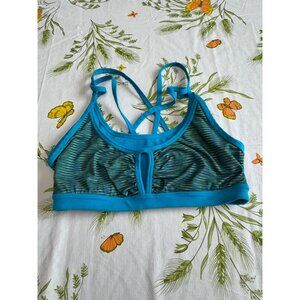Prana Womens Medium Strappy Sports Bra Blue & Green Striped Stretchy Fitness